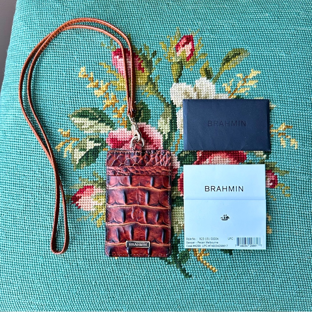 NEW Brahmin Melbourne Collection Sawyer Crocodile-Embossed Lanyard in Pecan